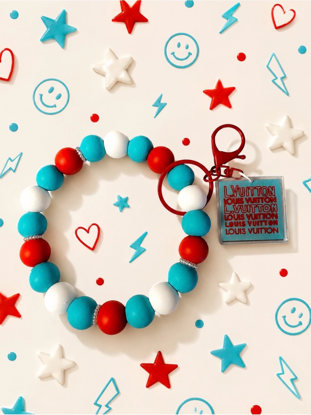 Handmade Red Turquoise White Beaded Inspired Wristlet Keychain & Charm